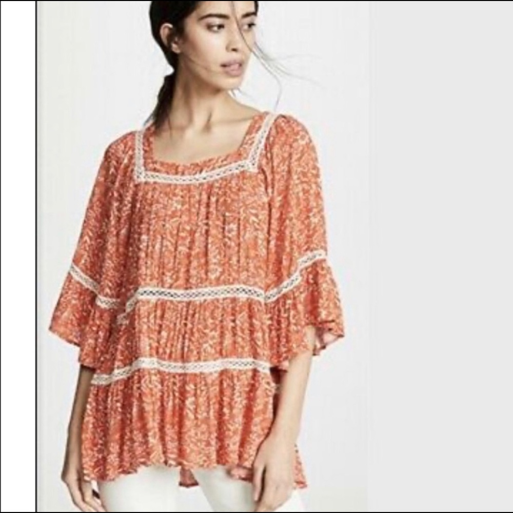 Free People Orange Floral Boho Tunic with Lace Trim